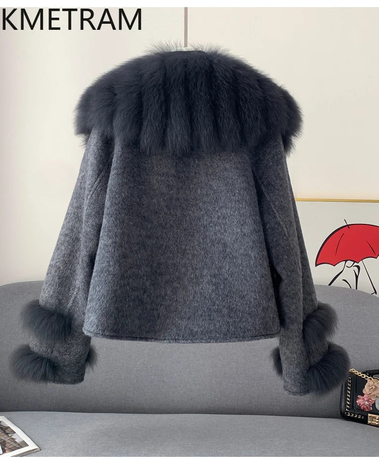 KMETRAM Natural Fox Fur Collar Coat Discount Price With Pockets Warm Fur Winter 2025 New Style Women's Coat manteaux hiver femme