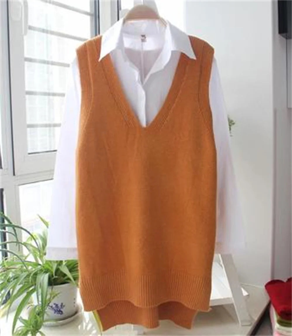 Korean Women Knitted Sweater Sleeveless College Style Women Loose Vest Ladies V-Neck Pullover Tops Female Waistcoat Pull Femme