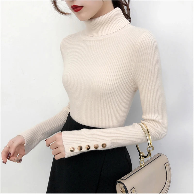 Knitted Turn-down Turtleneck Women Sweater Button Long Sleeve Pullovers Autumn Winter Basic Femme Sweaters Slim Solid Pull Tops