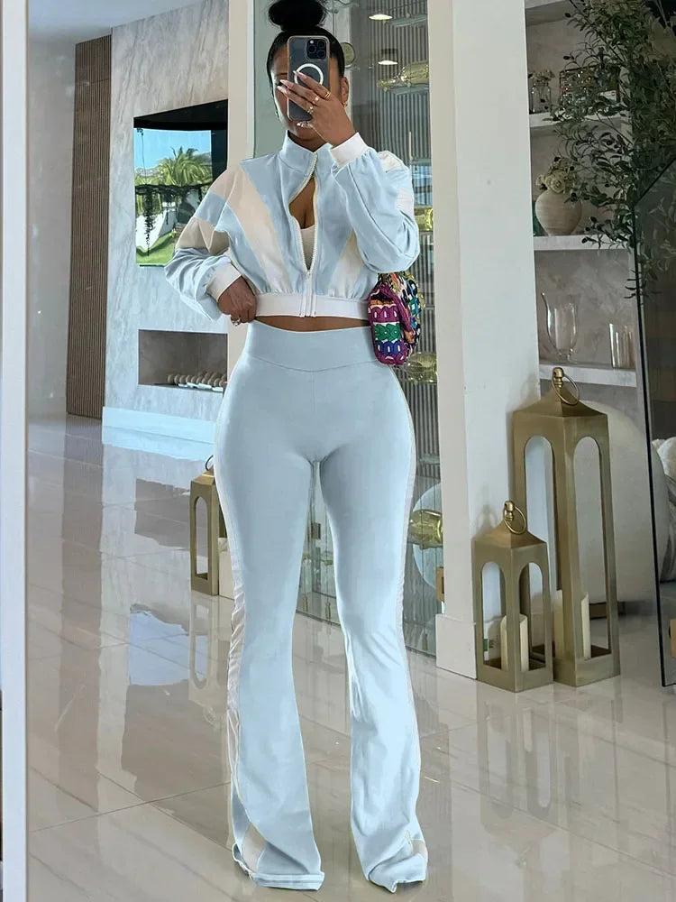 Doyerl Two Piece Sets Woman Tracksuit Sportwear Fitness Long Sleeve Cropped Jacket Top and Flare Pants Jogging Femmes Ensemble