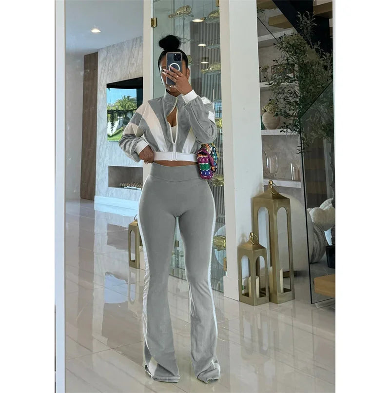 Doyerl Two Piece Sets Woman Tracksuit Sportwear Fitness Long Sleeve Cropped Jacket Top and Flare Pants Jogging Femmes Ensemble