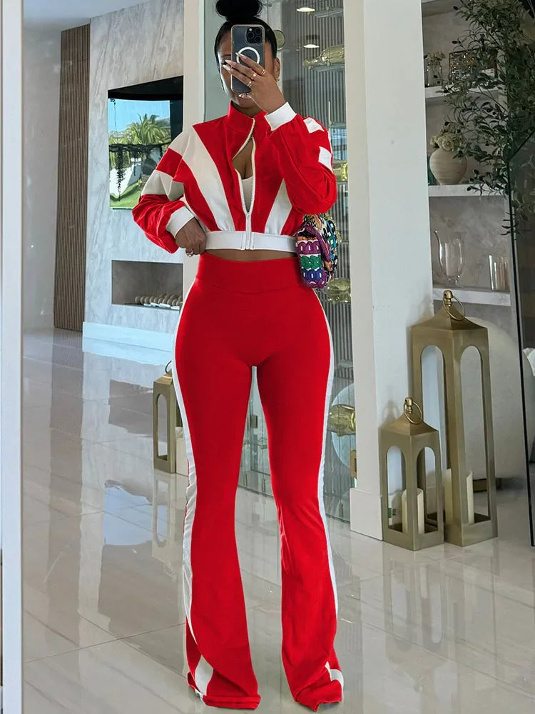 Doyerl Two Piece Sets Woman Tracksuit Sportwear Fitness Long Sleeve Cropped Jacket Top and Flare Pants Jogging Femmes Ensemble