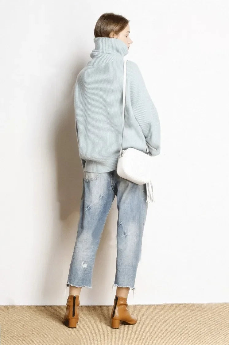 DY Wool Women's Sweater Autumn Winter Warm Turtlenecks Casual Loose Oversized Lady Sweaters Knitted Pullover Top Pull Femme