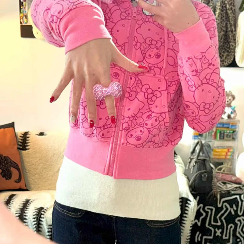 Anime Sanrioed Hello Kittys Hoodie Sweatshirt Y2K Women Zipper Jacket Loose Leisure Tops Spring Autumn Kawaii Student Girls Coat