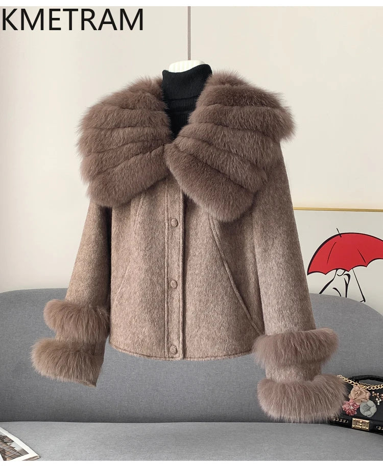 KMETRAM Natural Fox Fur Collar Coat Discount Price With Pockets Warm Fur Winter 2025 New Style Women's Coat manteaux hiver femme