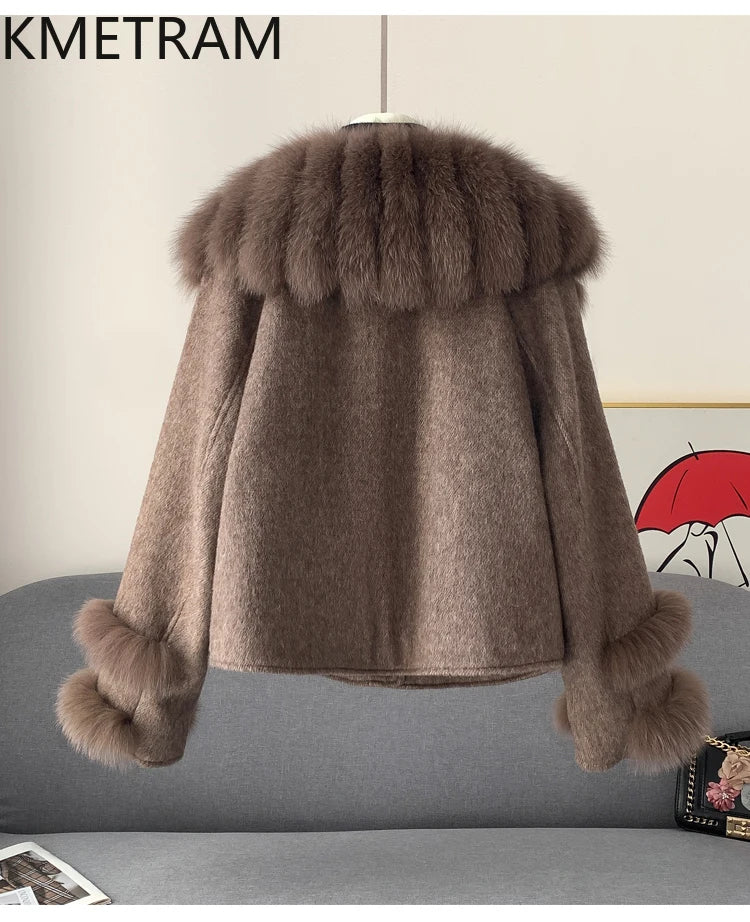 KMETRAM Natural Fox Fur Collar Coat Discount Price With Pockets Warm Fur Winter 2025 New Style Women's Coat manteaux hiver femme