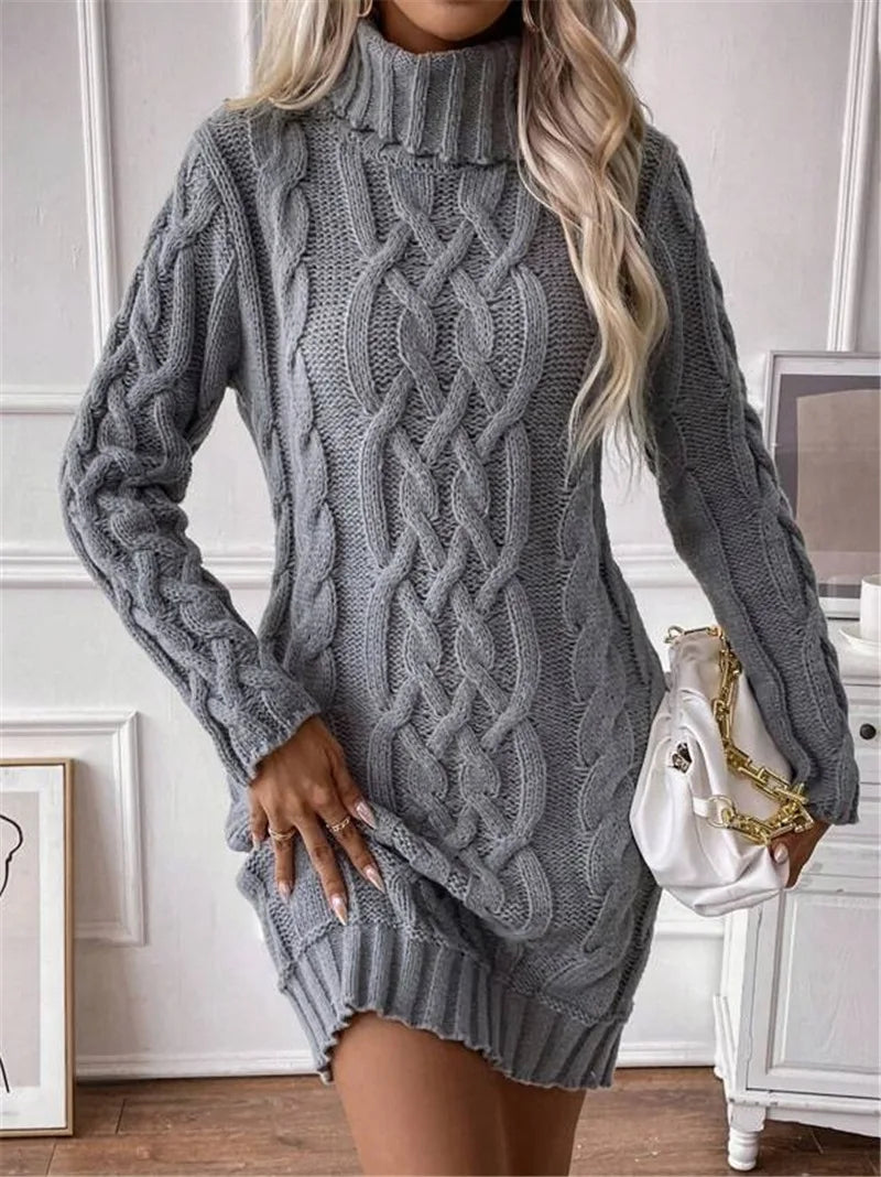 Winter Clothes Woman Pulls Femmes High Neck Vestidos Slim Fit Sweater Knitted Long Sleeve Dress All-match Simple Style Commuting