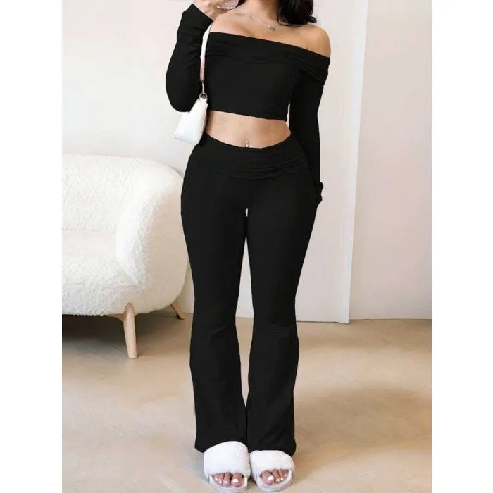 Casual Workout Two Piece Sets Woman Outfits Crop Long Sleeves Tops Foldover Flare Pants Tracksuit Suit Summer and Fall 2025 New