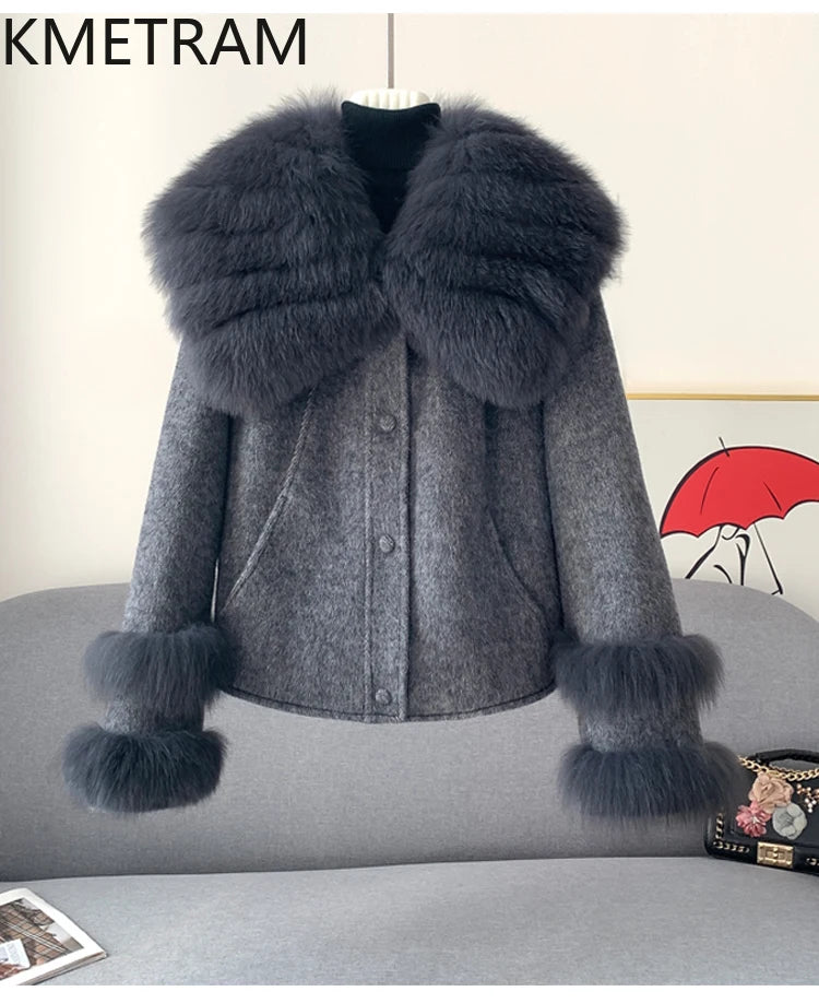 KMETRAM Natural Fox Fur Collar Coat Discount Price With Pockets Warm Fur Winter 2025 New Style Women's Coat manteaux hiver femme