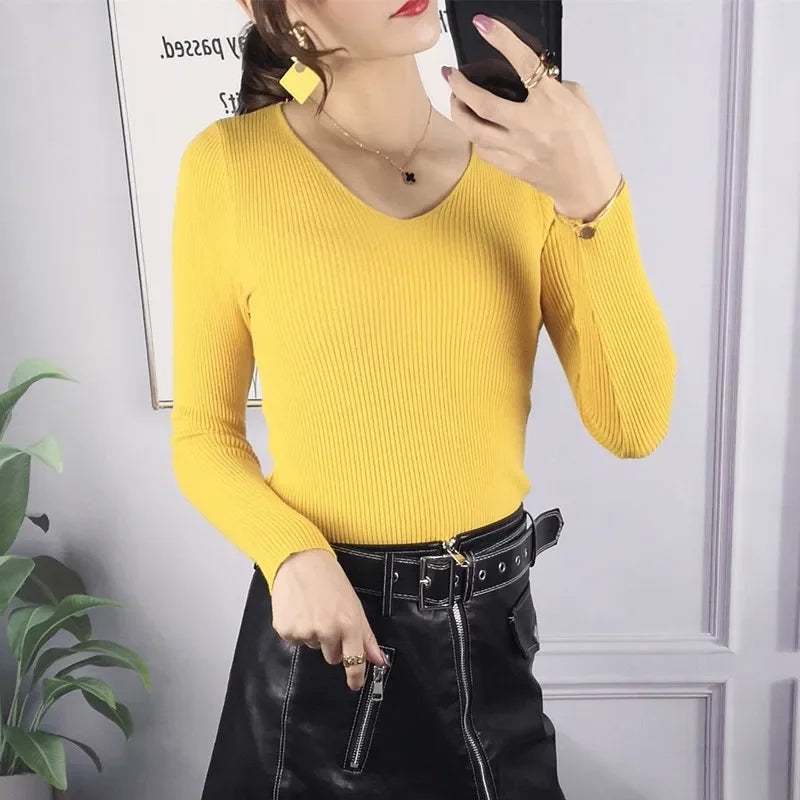 HELIAR 2024 Autumn Winter Women Solid Rib Knit V Neck Stripe Pull Sweater Femme Y2k Long Sleeve Pullover Jersey Tops Fashion