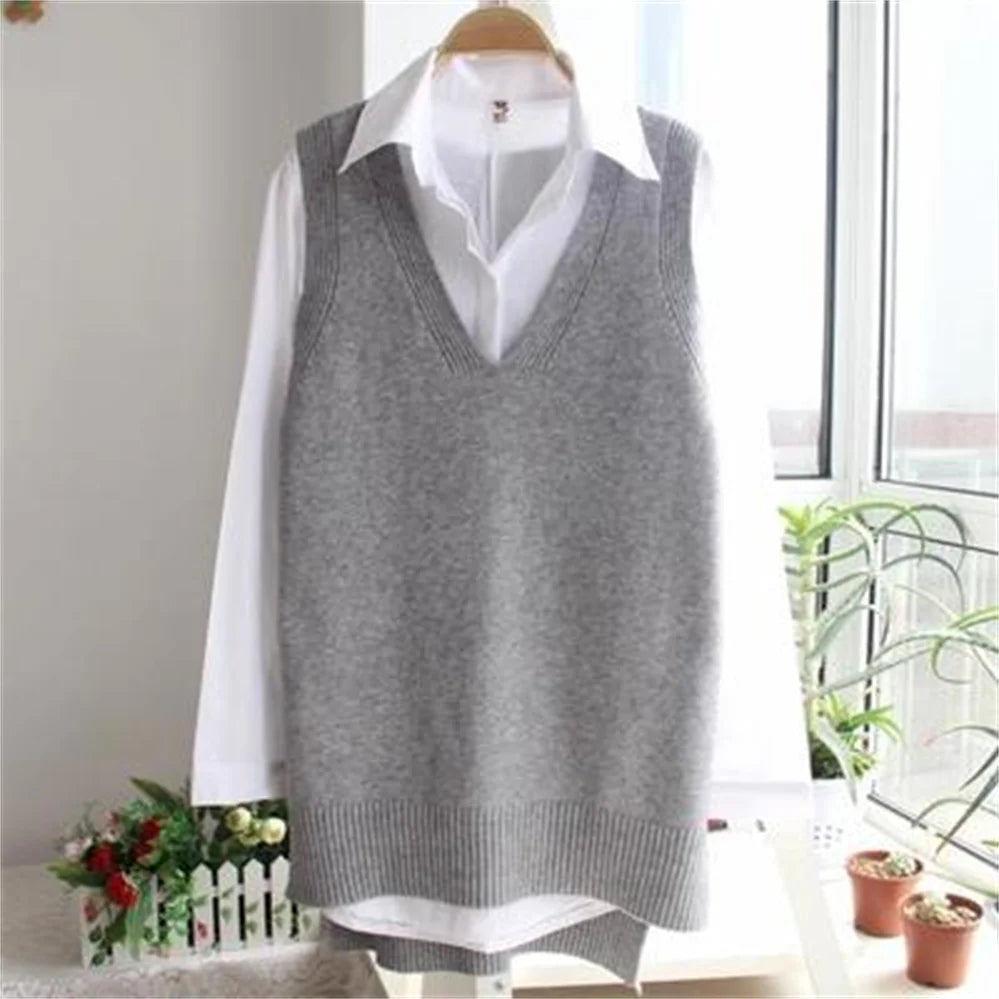 Korean Women Knitted Sweater Sleeveless College Style Women Loose Vest Ladies V-Neck Pullover Tops Female Waistcoat Pull Femme